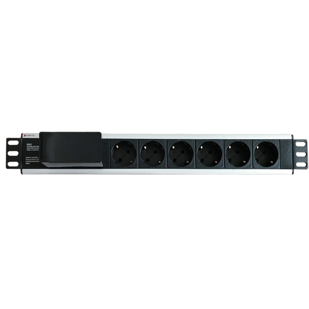 Techly Professional Multipresa 6 Posti da Rack 19'' con Magnetotermico e Spina Schuko Angolata 1.5U - Nero/Argento