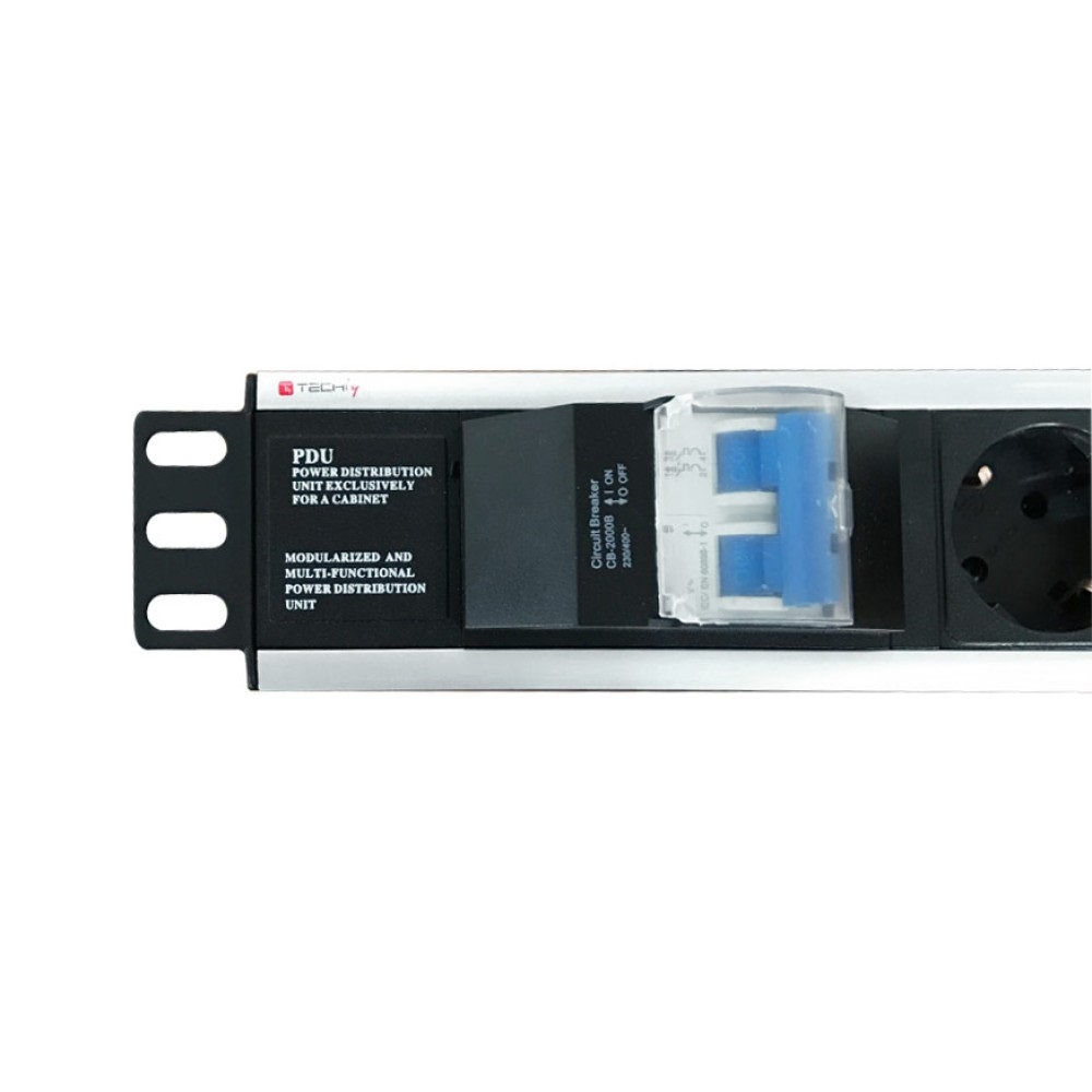 Techly Professional Multipresa 6 Posti da Rack 19'' con Magnetotermico e Spina Schuko Angolata 1.5U - Nero/Argento