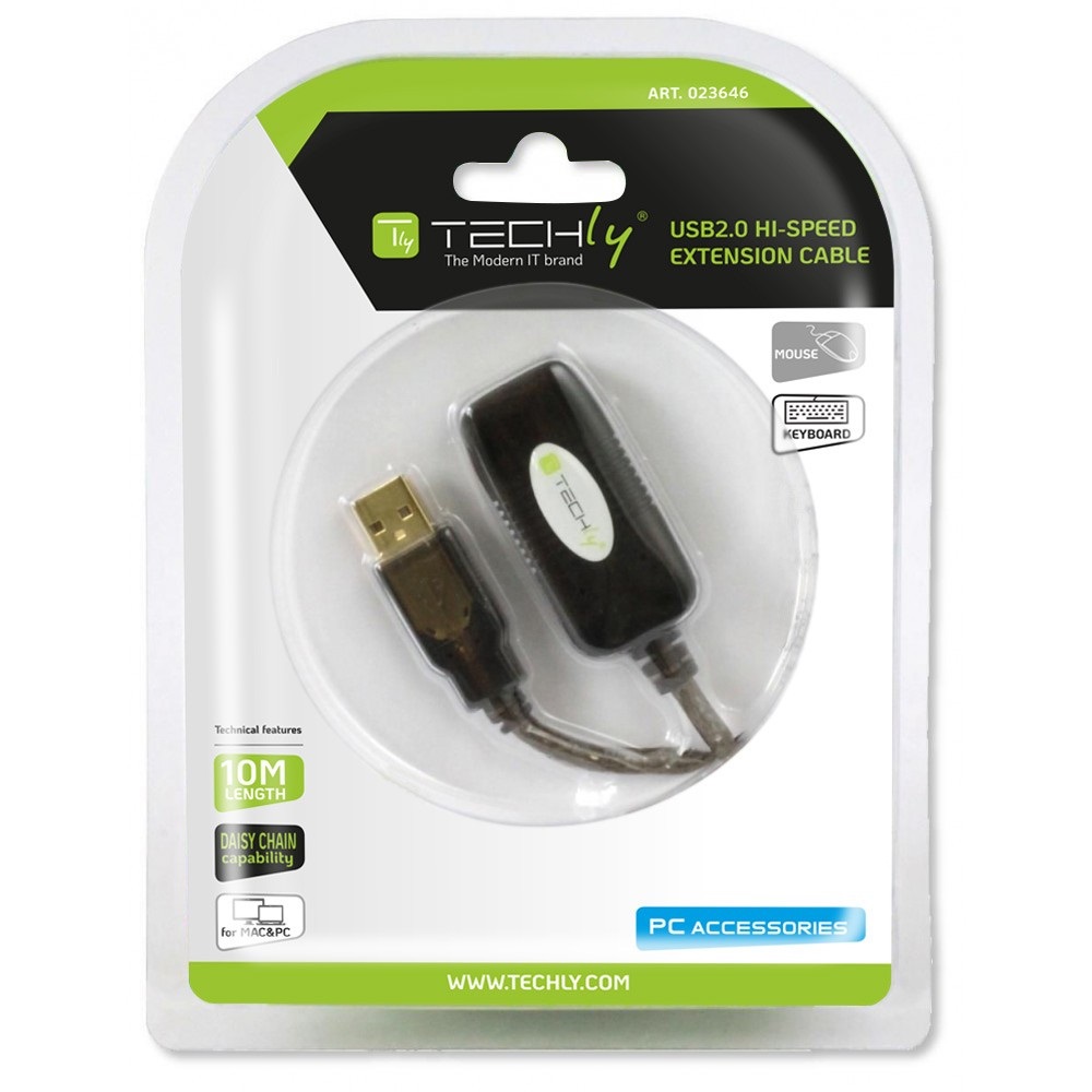 Techly Cavo Prolunga Attivo USB2.0 Hi-Speed 10m - Estensore di Segnale per Dispositivi USB