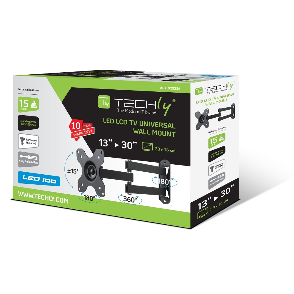 Techly Supporto a Muro Full-Motion per TV LED LCD 13-30'' - Inclinabile, VESA 75x75/100x100, Max 15 kg, Nero