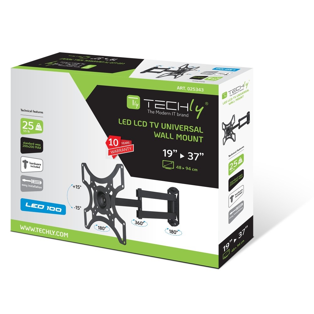 Techly 025343 Supporto a Muro per TV LED LCD 19-37'' Full-Motion Nero - Inclinabile, VESA 75x75/100x100/200x200, Max 25 kg