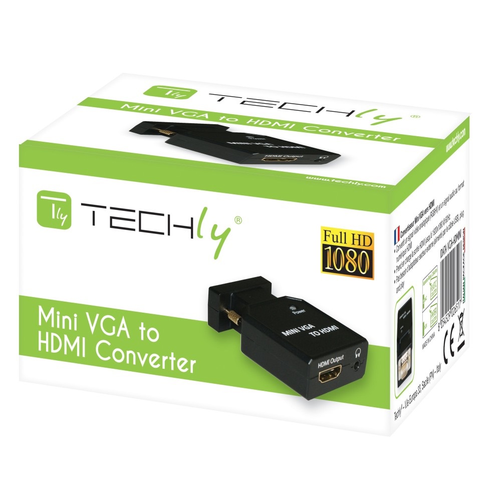 Techly 026517 Mini Convertitore da VGA e Audio a HDMI Nero - Supporto fino a 1920x1200, 1x VGA maschio, Converte video e audio