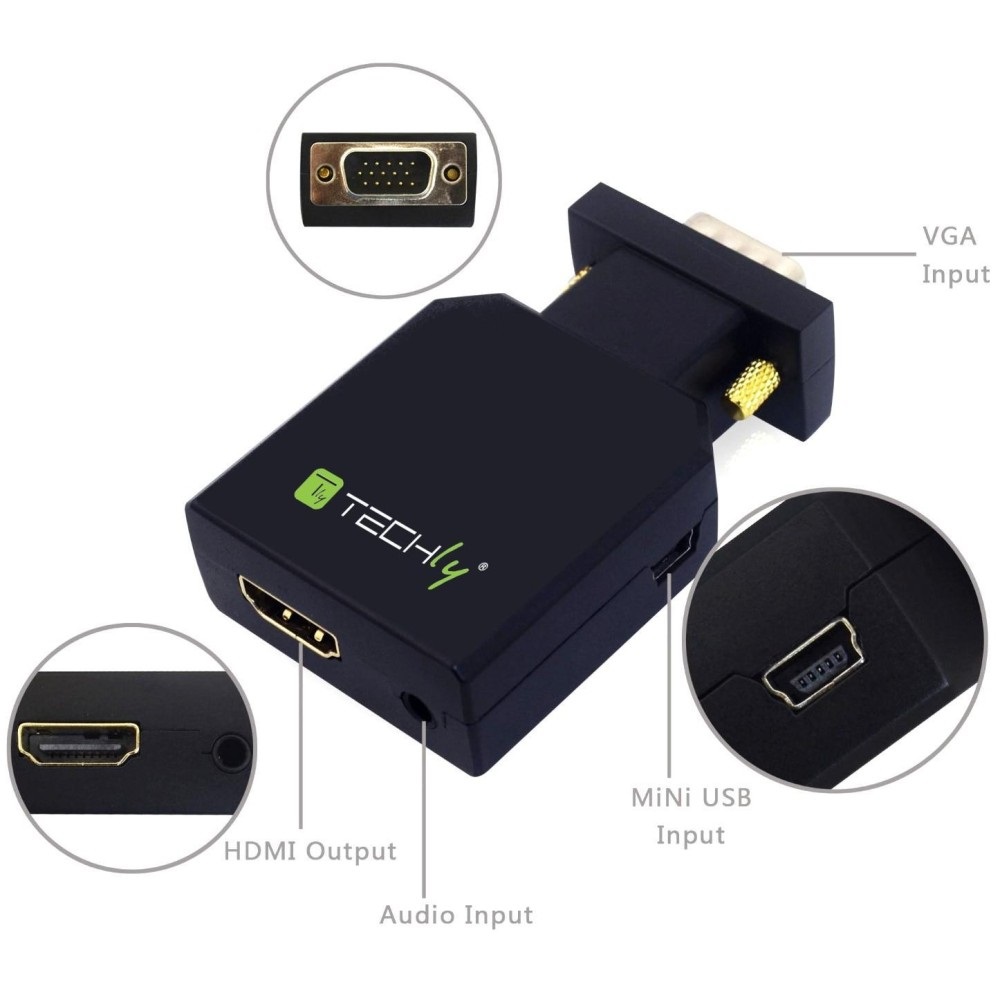 Techly 026517 Mini Convertitore da VGA e Audio a HDMI Nero - Supporto fino a 1920x1200, 1x VGA maschio, Converte video e audio