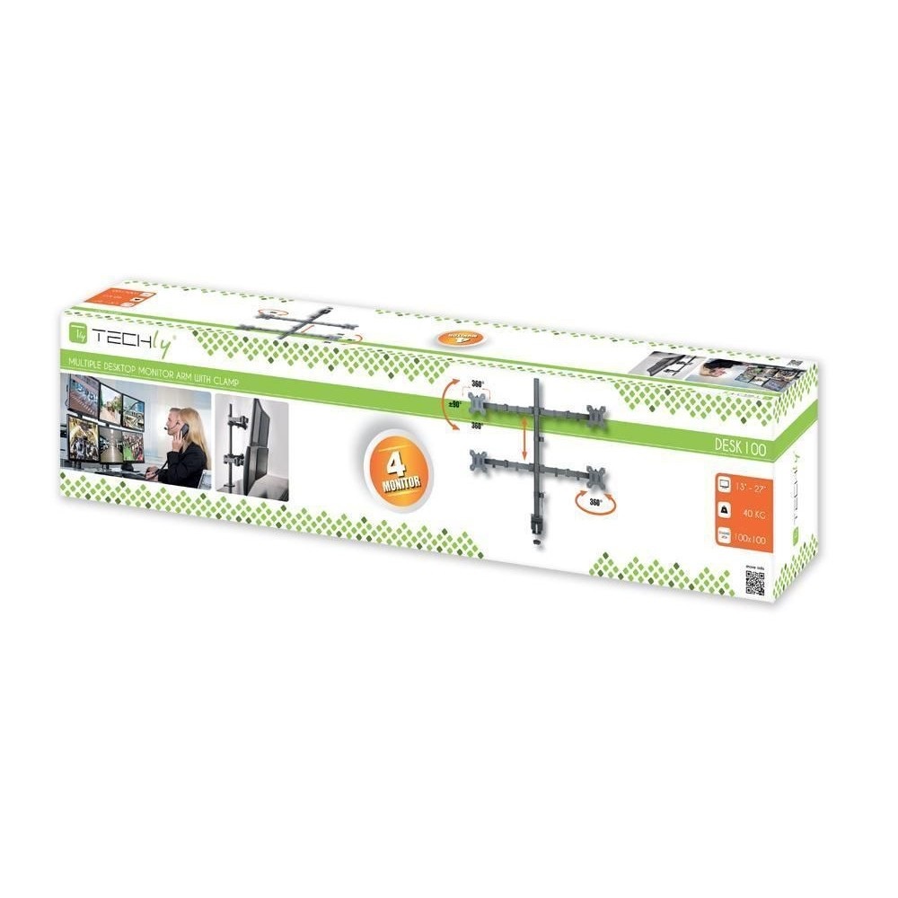 Techly ICA-LCD 382-Q Supporto da Scrivania per 4 Monitor 13-27'' con Morsetto - Regolabile e Ergonomico
