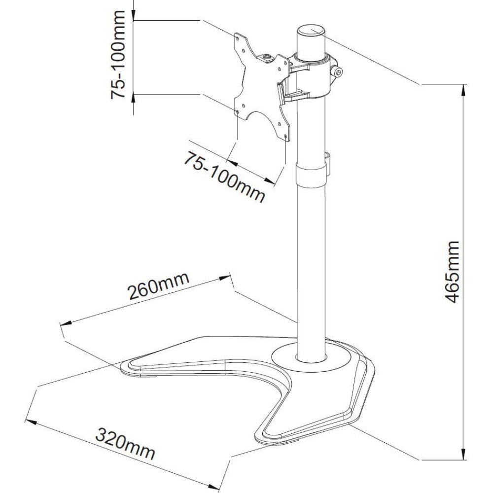 Techly 027538 Supporto da scrivania per Monitor LCD 13-27'' con Base h.465mm Nero - Altezza Regolabile, Inclinazione /-15°, Supporto VESA 75x75 e 100x100 mm