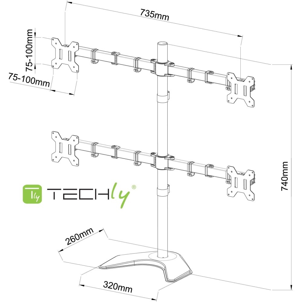 Techly Supporto da Scrivania ICA-LCD 2540 per 4 Monitor 13-27'' con Base Solida, Regolabile in Altezza e Inclinazione, Compatibile VESA