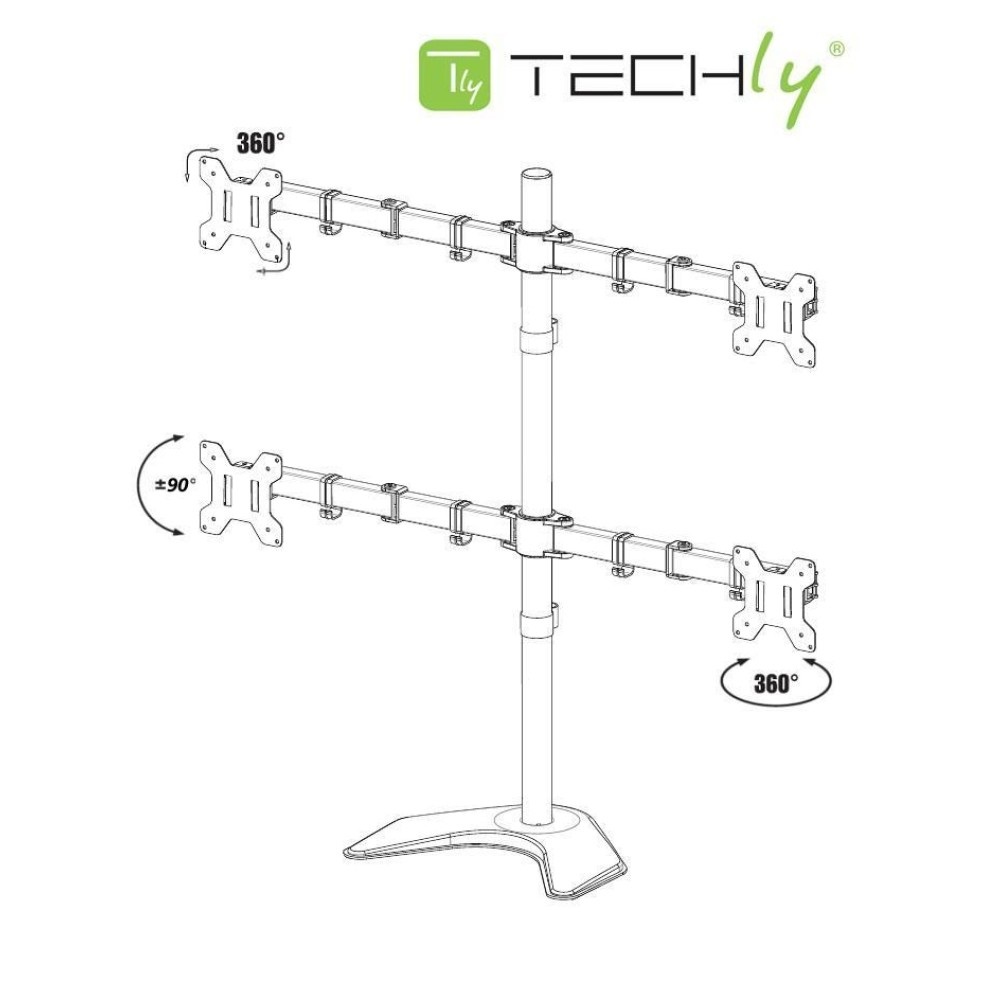 Techly Supporto da Scrivania ICA-LCD 2540 per 4 Monitor 13-27'' con Base Solida, Regolabile in Altezza e Inclinazione, Compatibile VESA