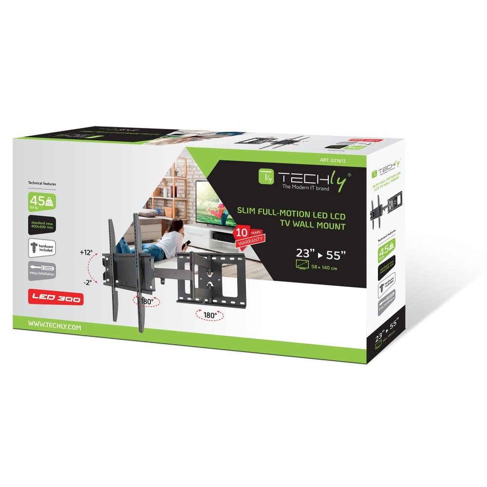 Techly Supporto a Muro per TV LED LCD 23-55'' Estensibile Slim Full-Motion Nero