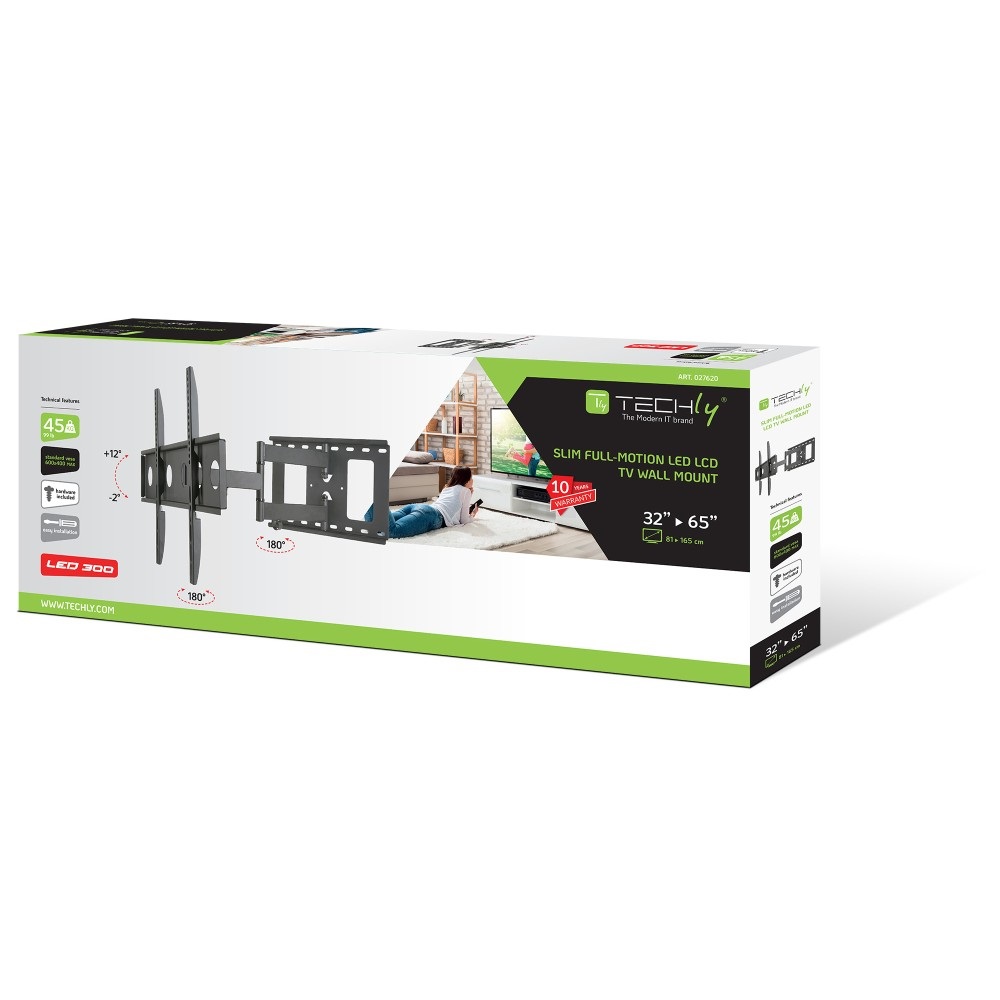 Techly Supporto a Muro Estensibile Slim Full-Motion per TV LED LCD 32-65'' - Modello ICA-PLB 148L / 027620, VESA fino a 600x400mm, Max 45kg
