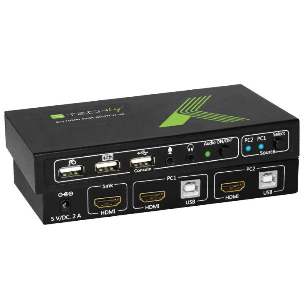 Techly KVM Switch 2x1 con USB e HDMI 4K Nero - Condivisione Monitor e Tastiera