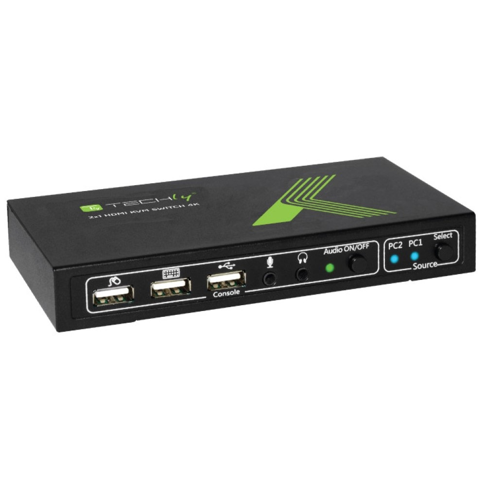 Techly KVM Switch 2x1 con USB e HDMI 4K Nero - Condivisione Monitor e Tastiera