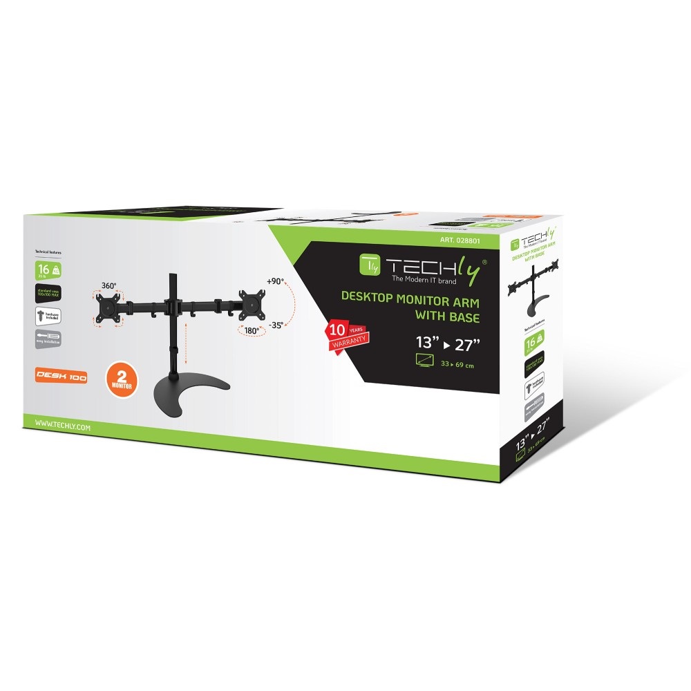 Techly ICA-LCD 3410 Supporto da scrivania per 2 Monitor 13-27'' con base h.400mm, VESA 75x75 e 100x100, Regolabile