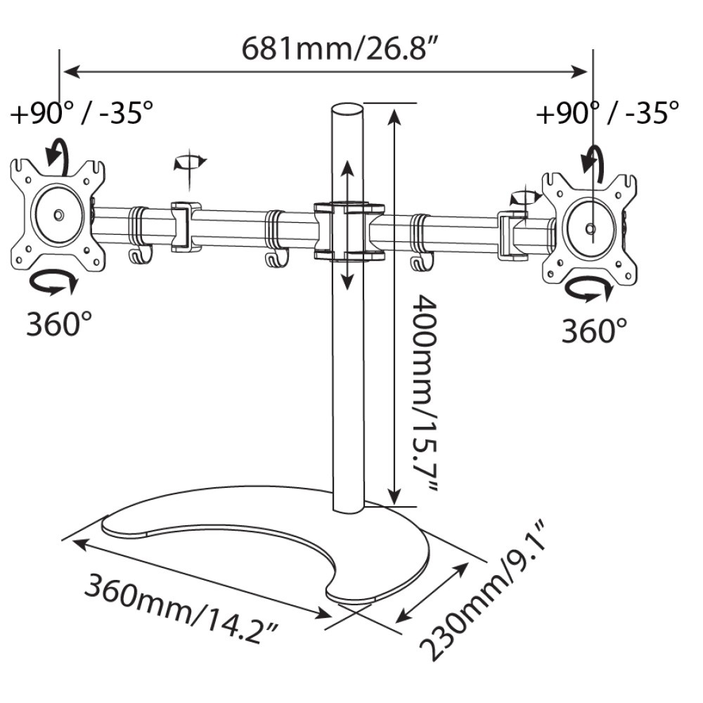 Techly ICA-LCD 3410 Supporto da scrivania per 2 Monitor 13-27'' con base h.400mm, VESA 75x75 e 100x100, Regolabile