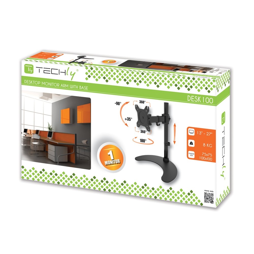 Techly Supporto da Scrivania per 1 Monitor LCD 13''-27'' con Base h.400mm ICA-LCD 3400 - Ergonomico e Facile da Montare