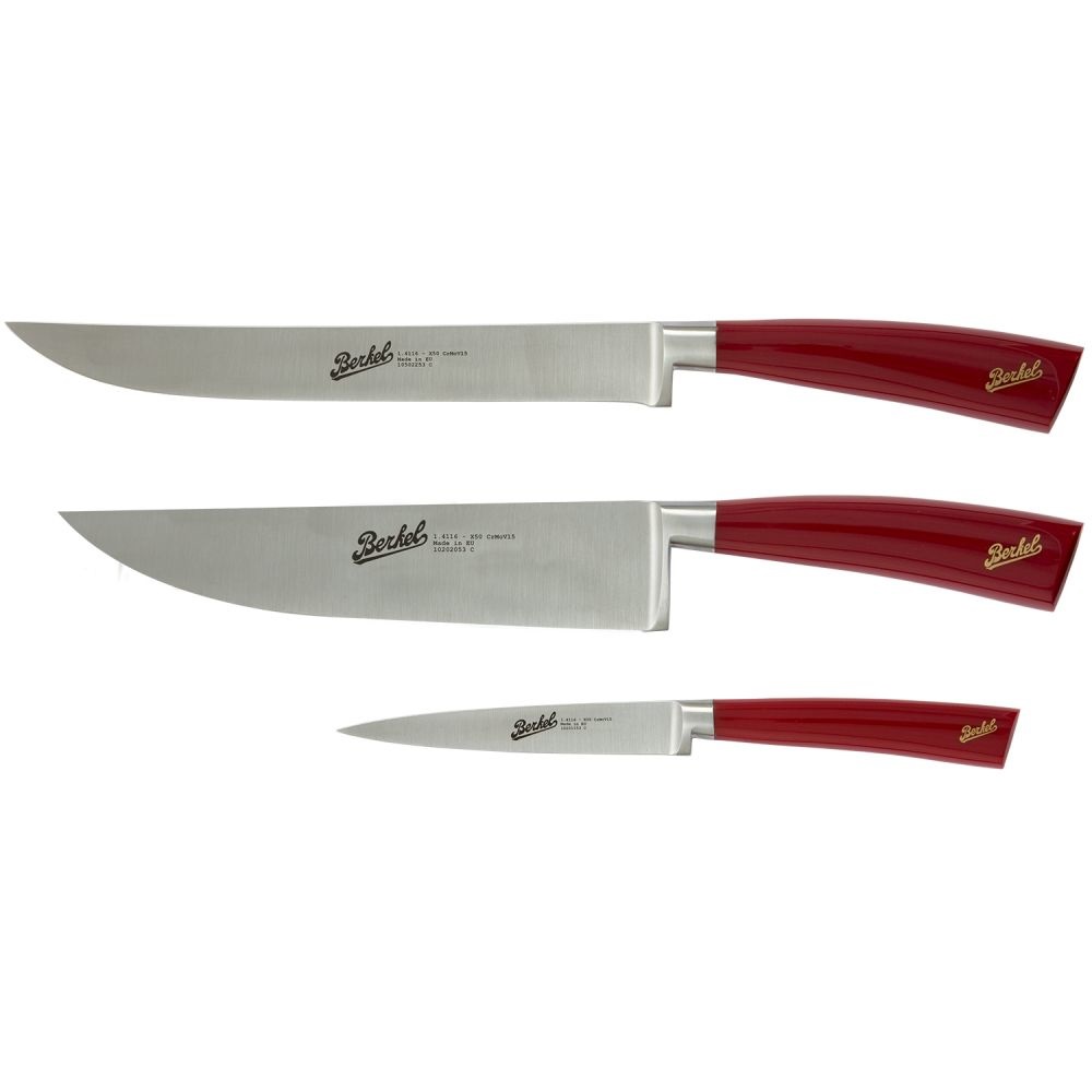 Berkel Elegance Set di 3 Coltelli Chef in Acciaio Inox Rosso - Coltello Arrosto, Coltello Cucina, Coltello Spelucchino