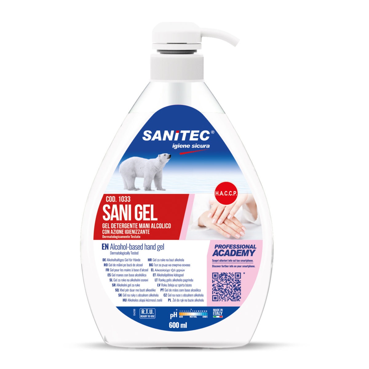 Sanitec Sani Gel Igienizzante Mani Alcolico 70% - Flacone da 600ml con Dispenser