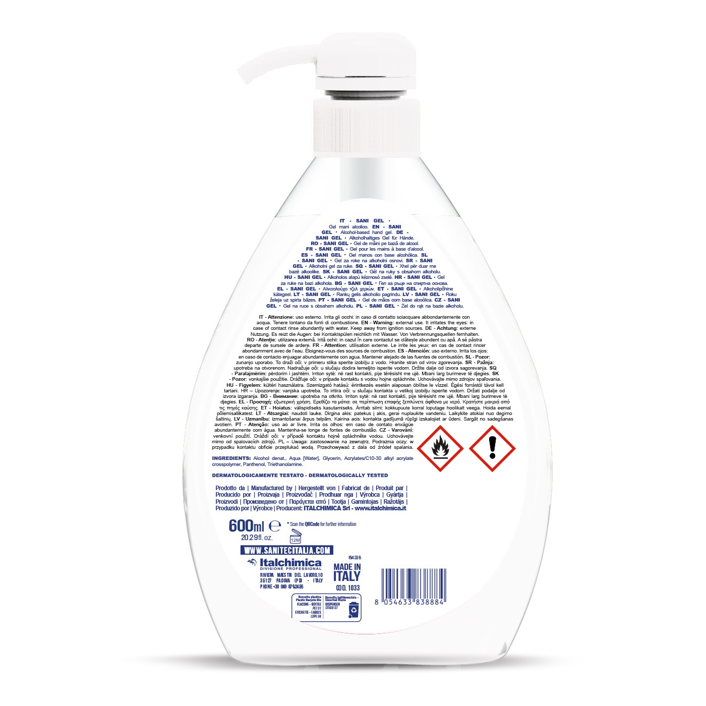 Sanitec Sani Gel Igienizzante Mani Alcolico 70% - Flacone da 600ml con Dispenser