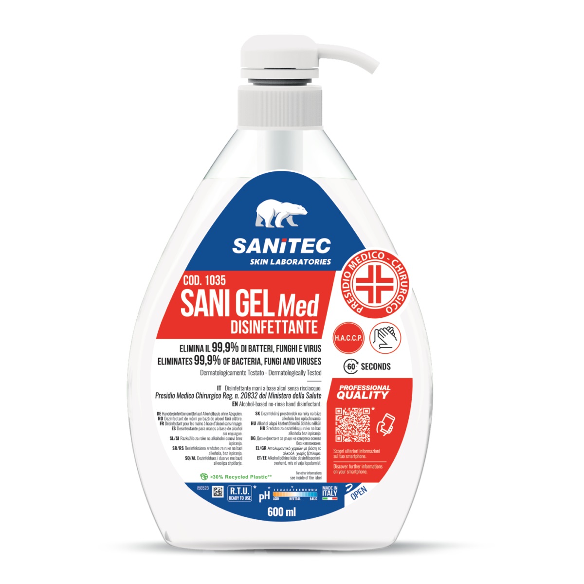 Sanitec Sani Gel Med Disinfettante Mani a Base di Alcol senza Risciacquo - 600 ml, Elimina il 99,9% dei Batteri, Funghi e Virus