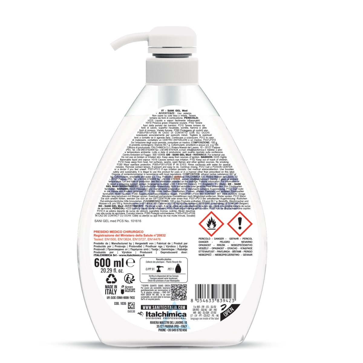 Sanitec Sani Gel Med Disinfettante Mani a Base di Alcol senza Risciacquo - 600 ml, Elimina il 99,9% dei Batteri, Funghi e Virus