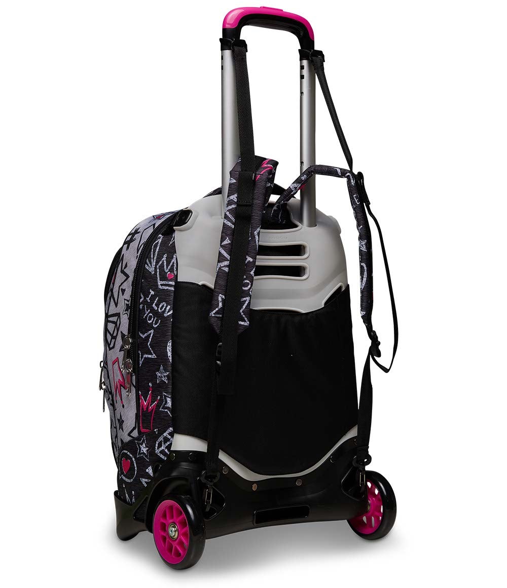 Seven Trolley Jack-2WD Zipper Glamy - Zaino Scolastico Multicolore con Carrello Sganciabile, Capacità 34L
