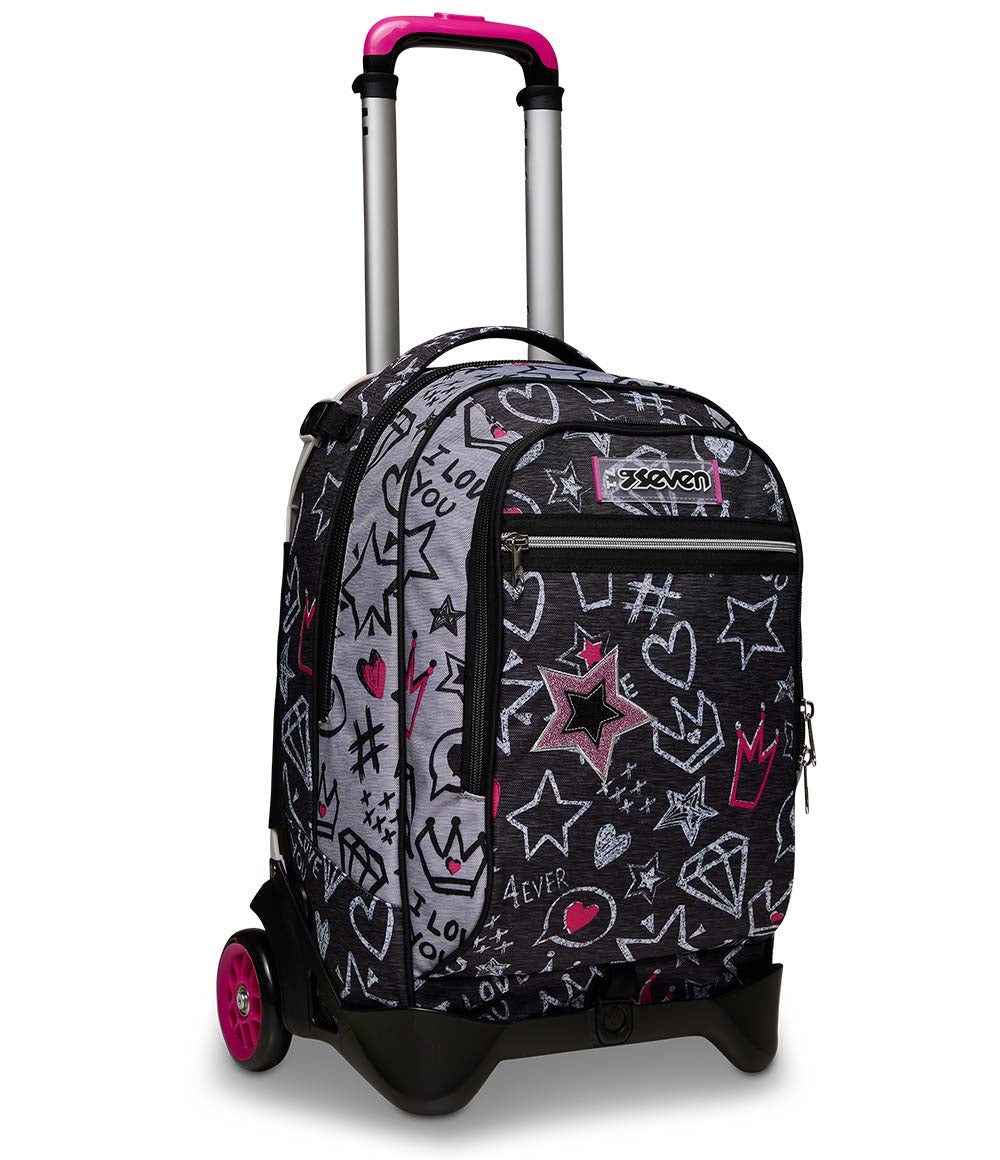Seven Trolley Jack-2WD Zipper Glamy - Zaino Scolastico Multicolore con Carrello Sganciabile, Capacità 34L