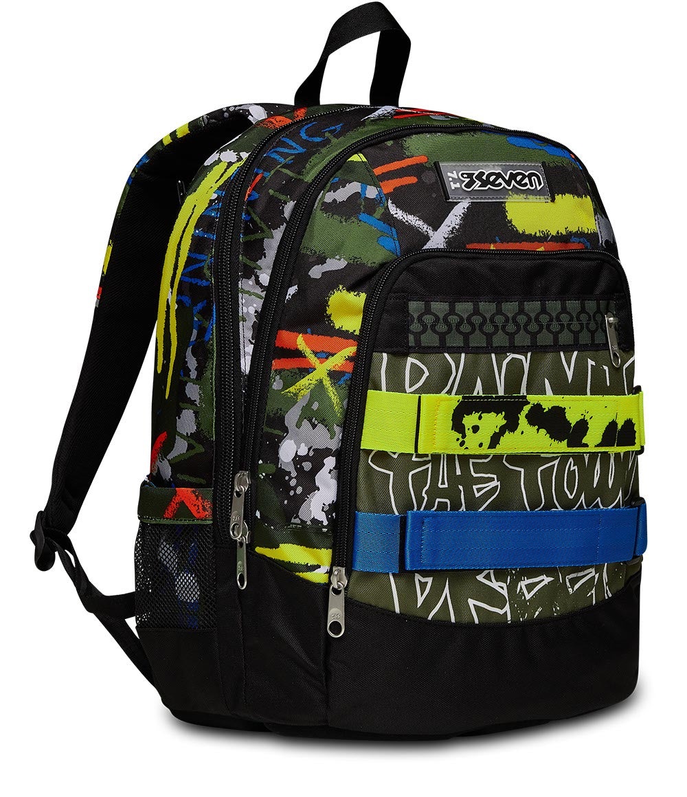 Seven Zaino Scuola Advanced FLUO BEL S Nero e Verde - Doppio Scomparto, Tasca Porta PC, Tasca Porta Borraccia, Organizer, 31x43x24 cm, 30 lt