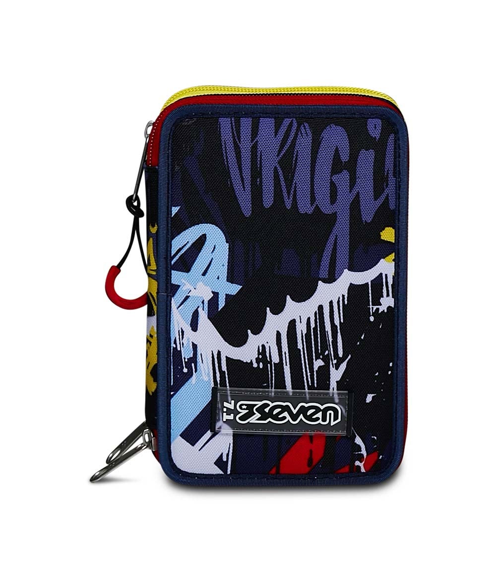 Seven Astuccio 3 Zip Spray Wall - Astuccio triplo riempito con 46 accessori per la scuola