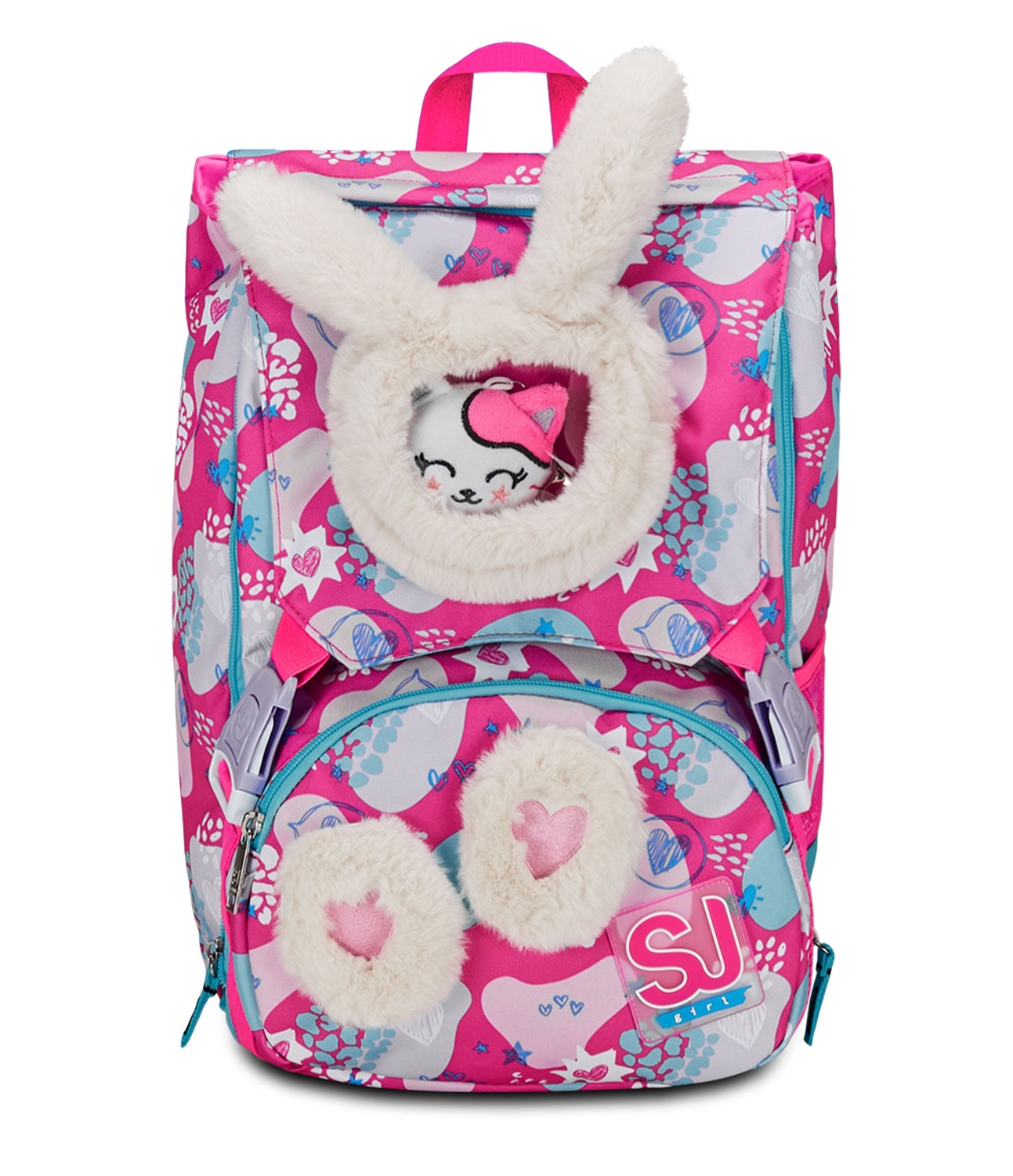 Seven SJ Gang Zaino Estensibile Rosa PinkFur con Doppio Scomparto, Tasca Porta Borraccia e Charm Gattino