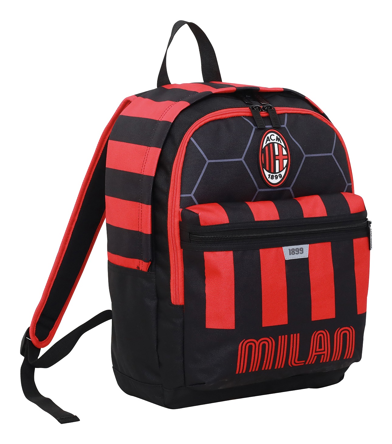 Seven Zaino Scuola A.C. Milan - Doppio Scomparto, Tasca Porta Borraccia, 29 Litri, Imbottito, Nero Rosso