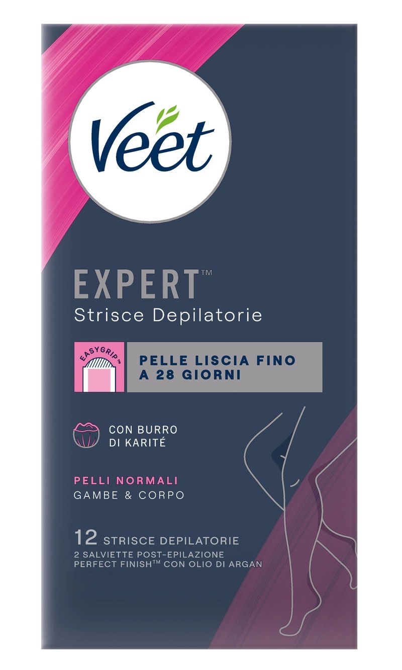 Veet Strisce Depilatorie Expert Corpo e Gambe Pelli Normali, 12 Strisce con Burro di Karité e Salviette Post-Epilazione