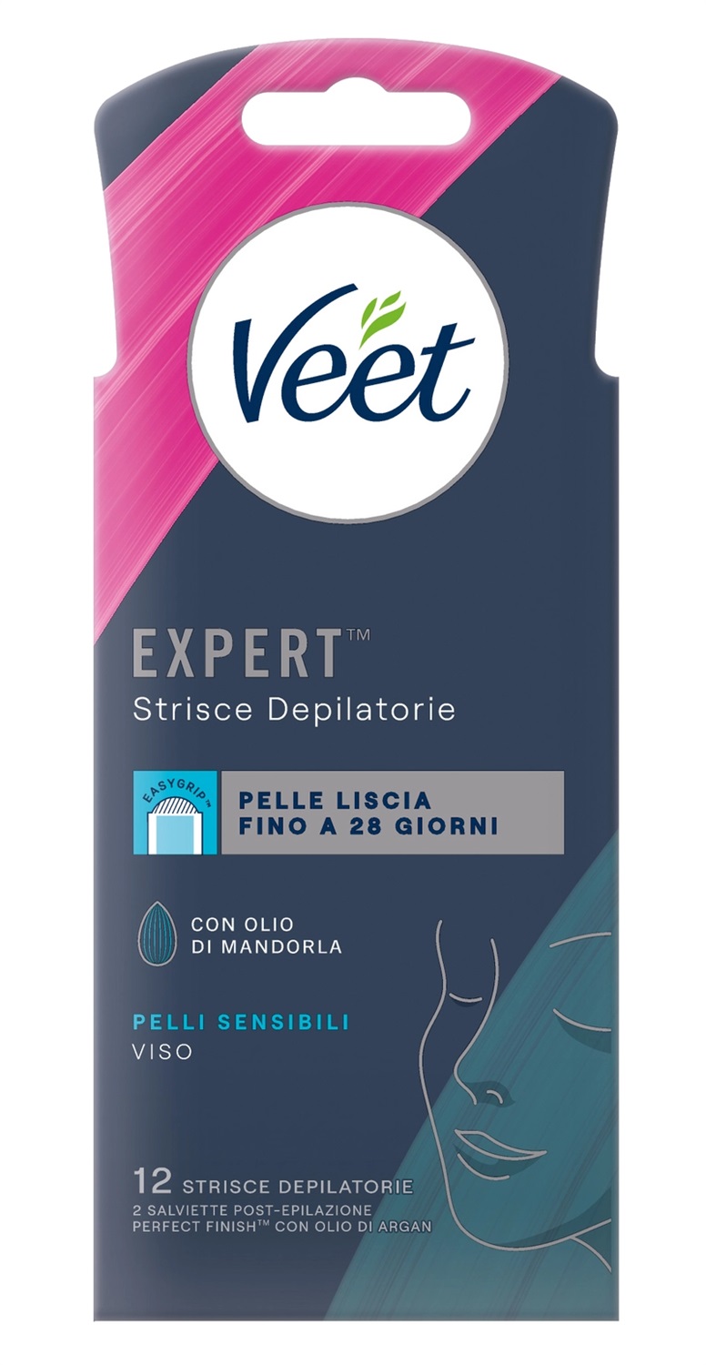 Veet Strisce Depilatorie Expert Viso Pelli Sensibili con Olio di Mandorla e Salviette Post-Epilazione, 12 Strisce