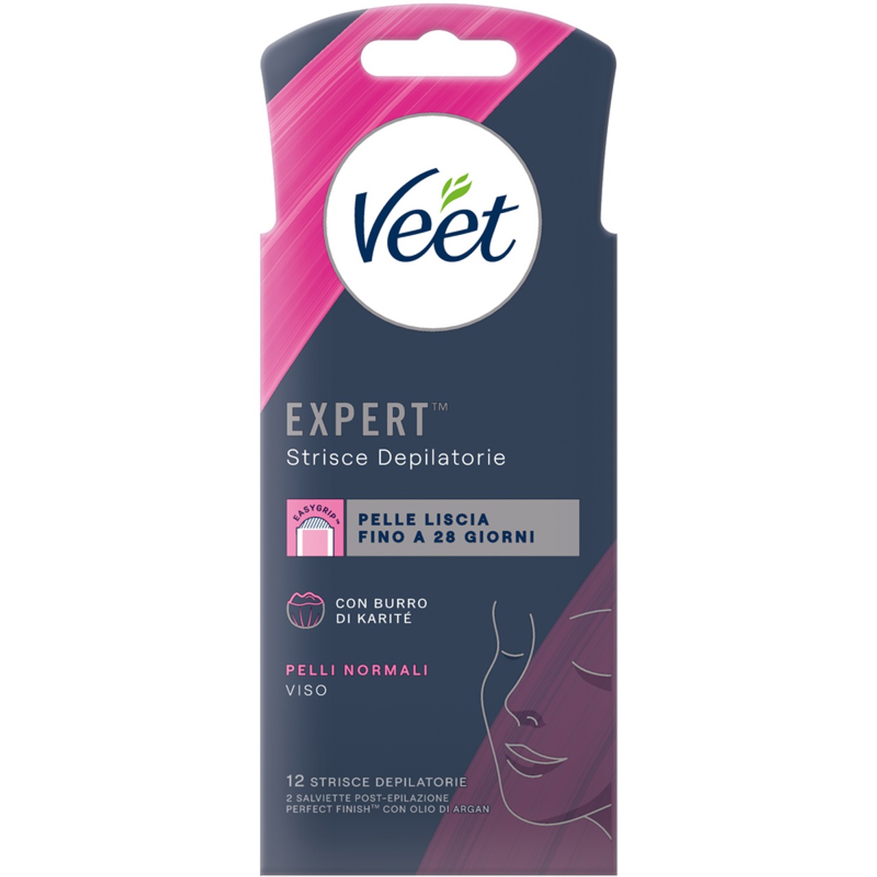 Veet Expert Strisce Depilatorie Viso per Pelli Normali con Burro di Karitè e Salviette Post-Epilazione, Confezione da 12 Strisce