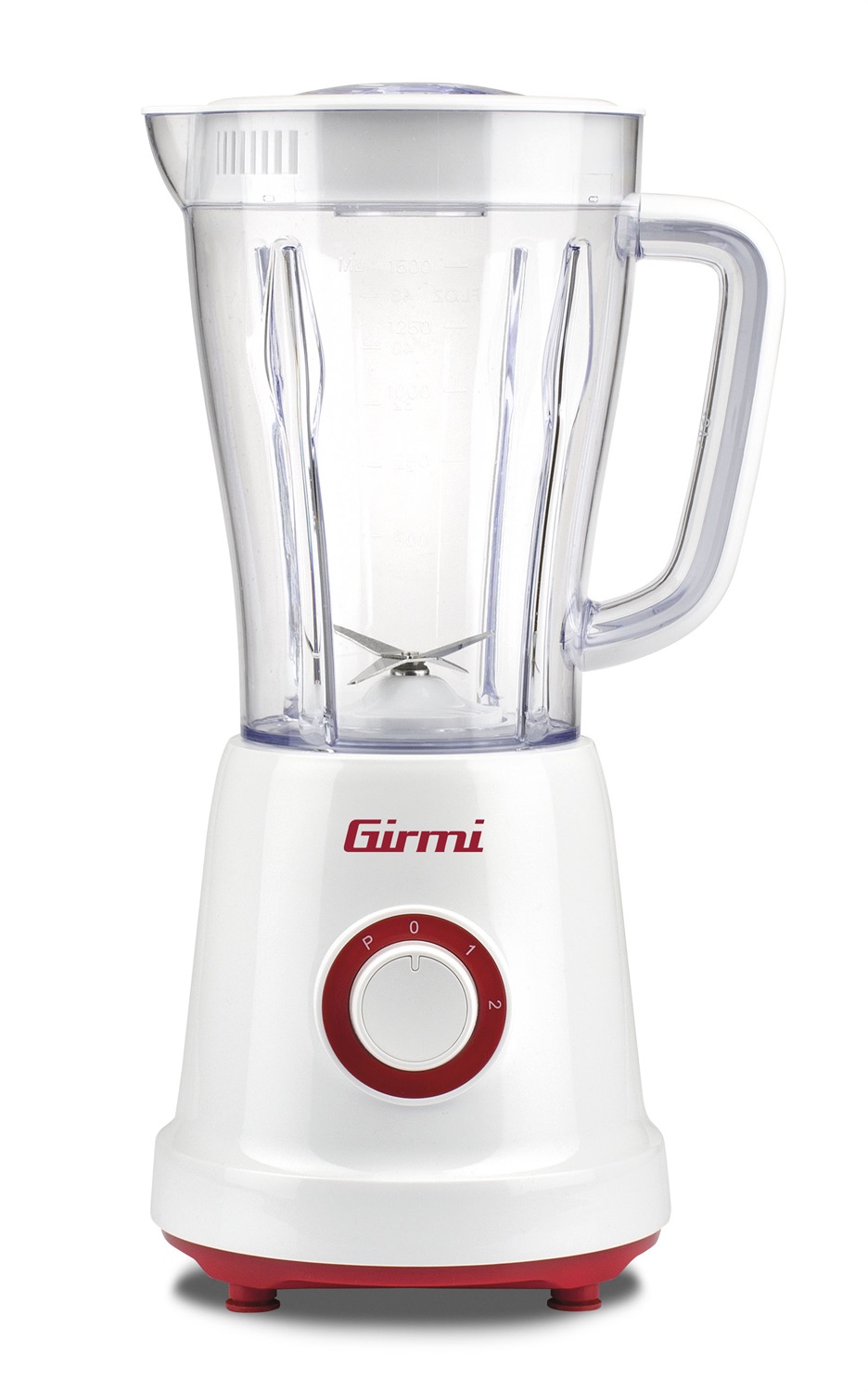 Girmi FR46 Frullatore Elettrico 1.5L 500W con 2 Velocità e Funzione Pulse, 4 Lame Inox, Tappo Dosatore, Bianco/Rosso