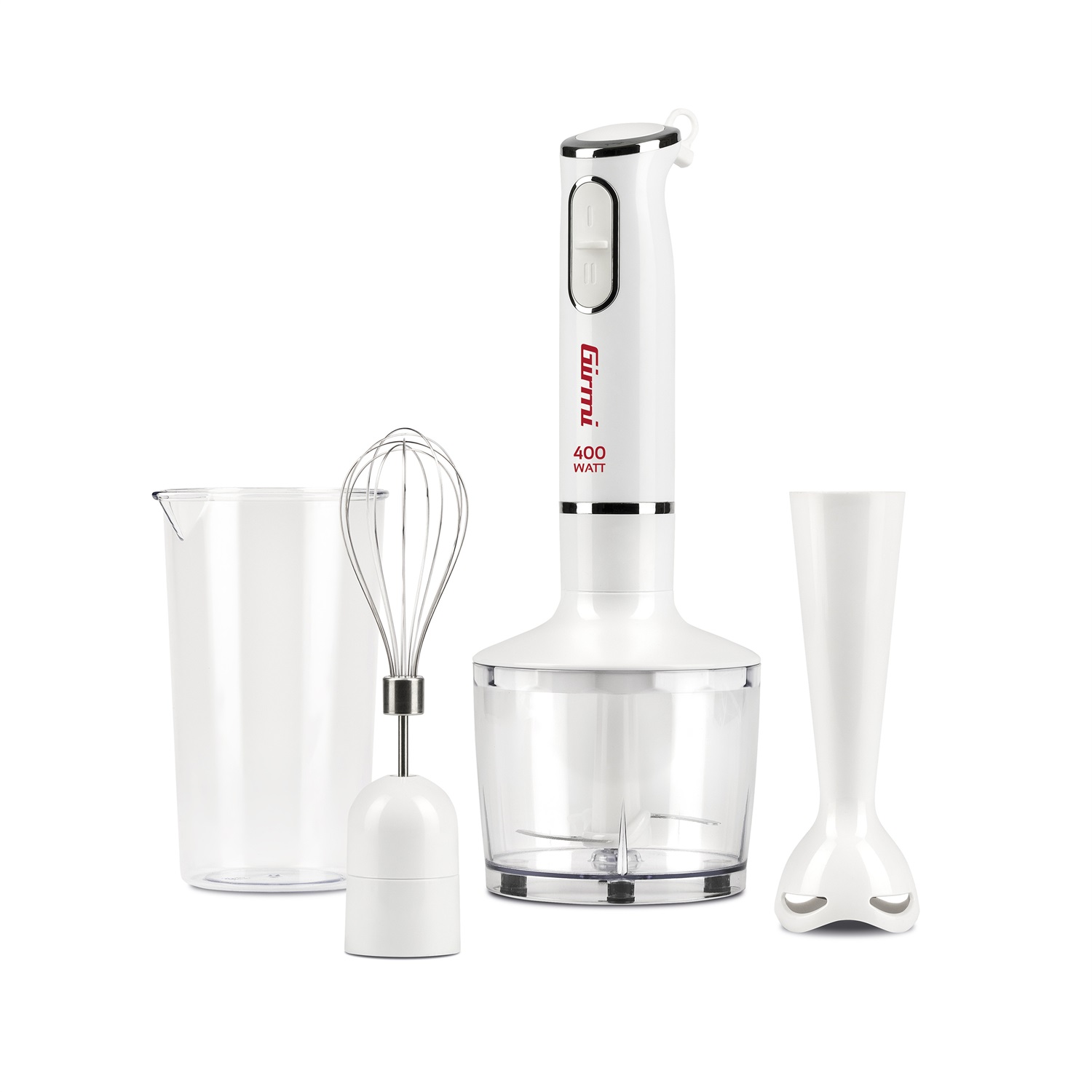 Girmi MX16 Mixer ad immersione 3 in 1 con Kit, 400 W, Motore DC, 2 Velocità, Lame in Acciaio Inox, Misurino da 700cc, Bianco