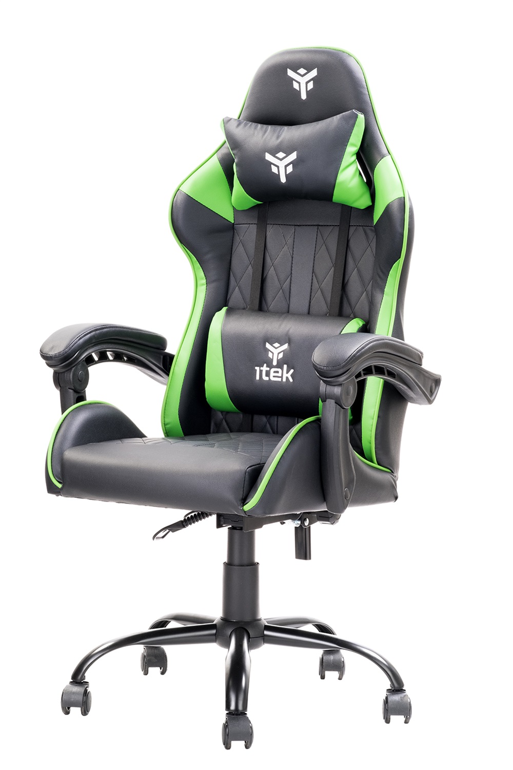 itek RHOMBUS PF10 Sedia Gaming Universale con Seduta Imbottita, Reclinabile, Doppio Cuscino, Portata Massima 140 kg, Nero e Verde