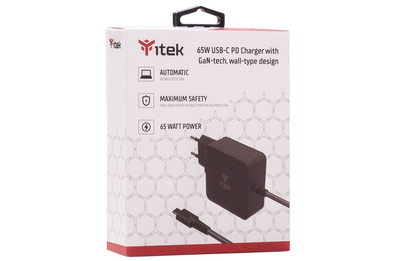 ITEK ITNBACWB065 Alimentatore a muro 65W per Notebook e Dispositivi USB-C con Tecnologia GaN e Ricarica Rapida - Nero