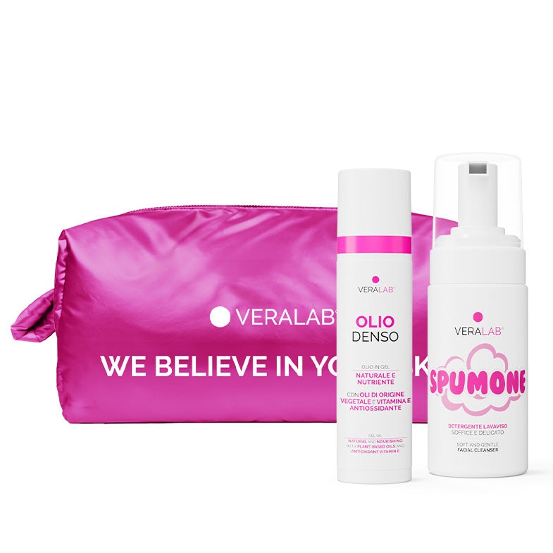 Veralab The Cleansing Couple: Kit Doppia Detersione con Olio Denso 80ml, Spumone 100ml e Pochette Puffy Fuxia