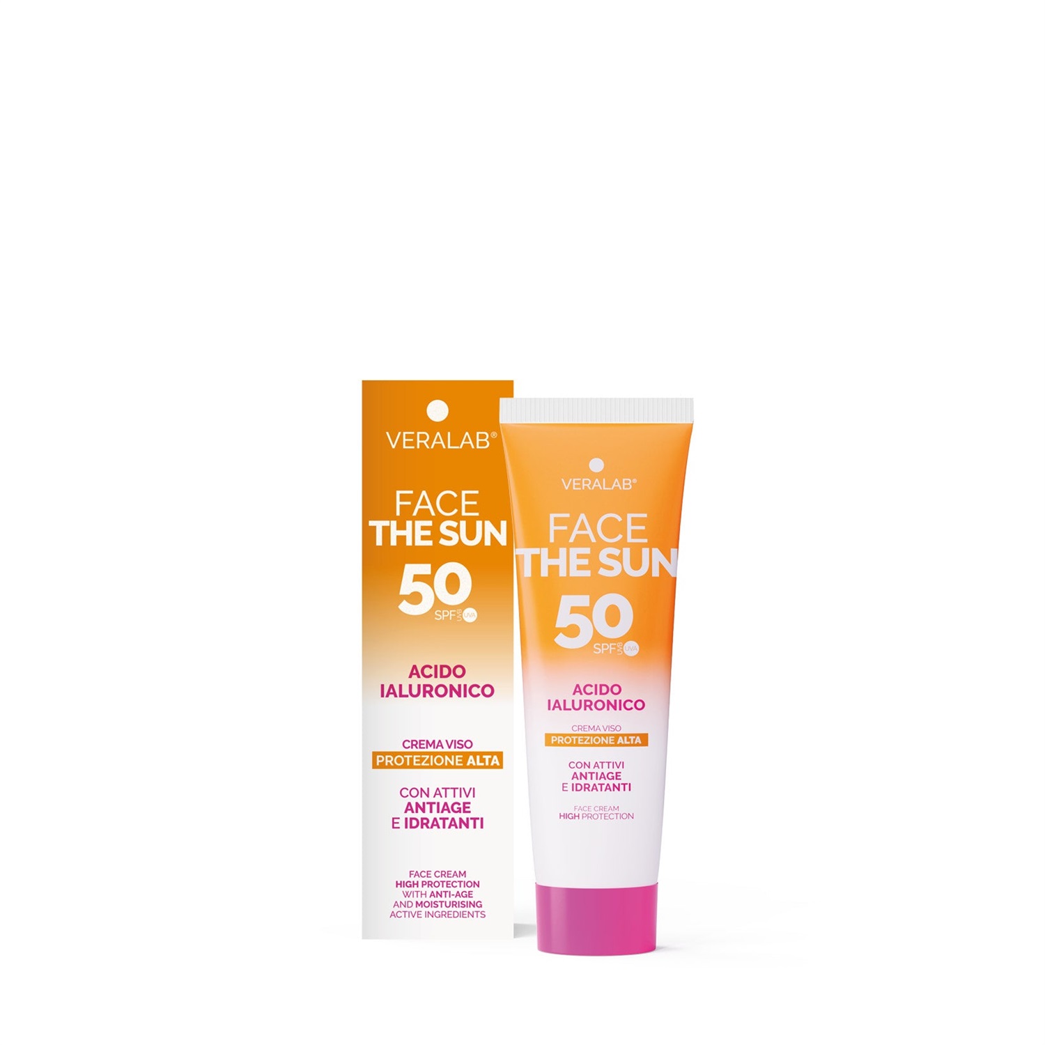 Veralab Face The Sun Crema Viso SPF50 con Acido Ialuronico, Attivi Antiage e Idratanti - 50 ml