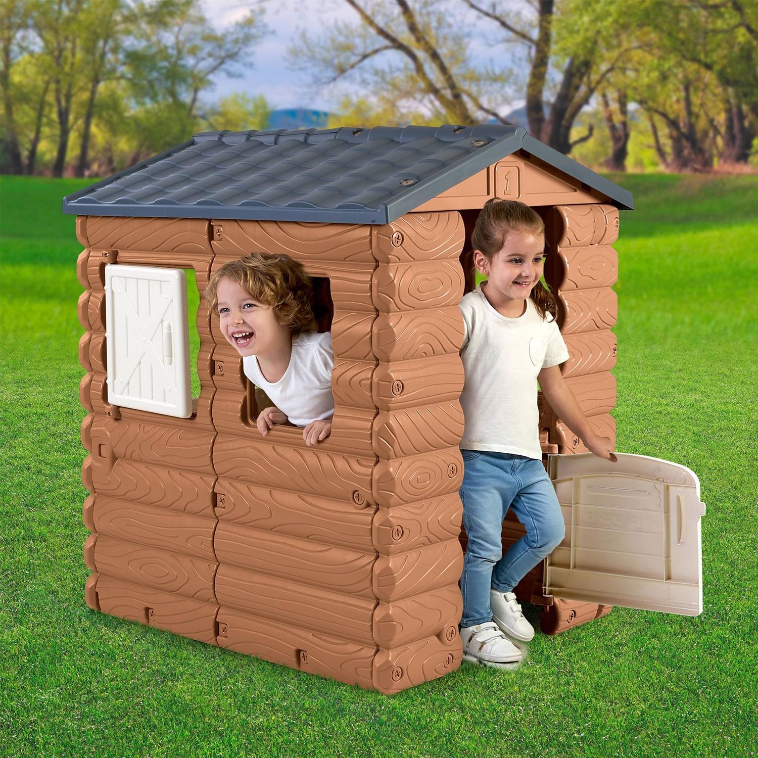 FEBER Camping Cottage - Casa Giocattolo in Effetto Legno con Finestre e Porta Apribili, Dimensioni 104 x 90 x 118 cm, per Bambini da 2 Anni