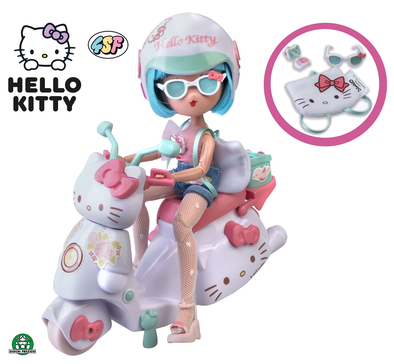 Famosa Hello Kitty Pretty Pink Scooter - Bambola Giapponese con Moto, 19,5 cm, 15 Punti di Articolazione, Casco e Borsa Inclusi, 4 Anni