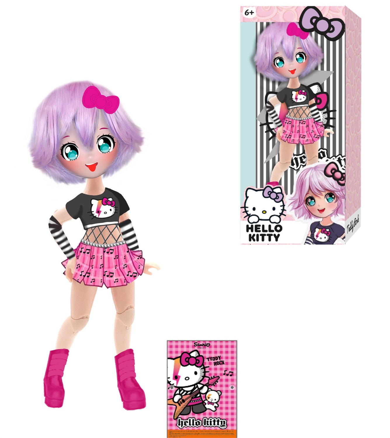 Famosa Hello Kitty Manga Doll Teddy Rock - Bambola Giapponese 19,5 cm con 15 Punti di Articolazione e Capelli Viola