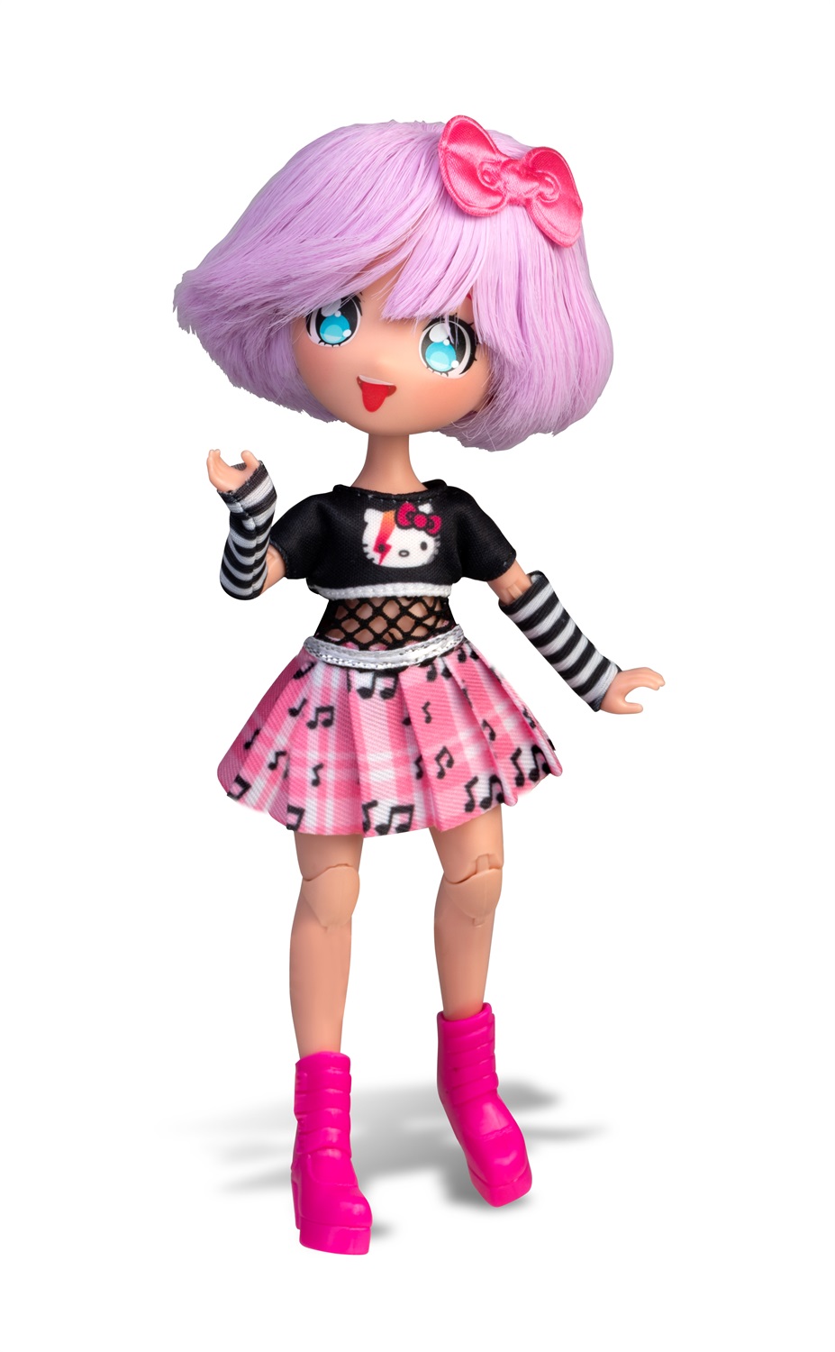 Famosa Hello Kitty Manga Doll Teddy Rock - Bambola Giapponese 19,5 cm con 15 Punti di Articolazione e Capelli Viola