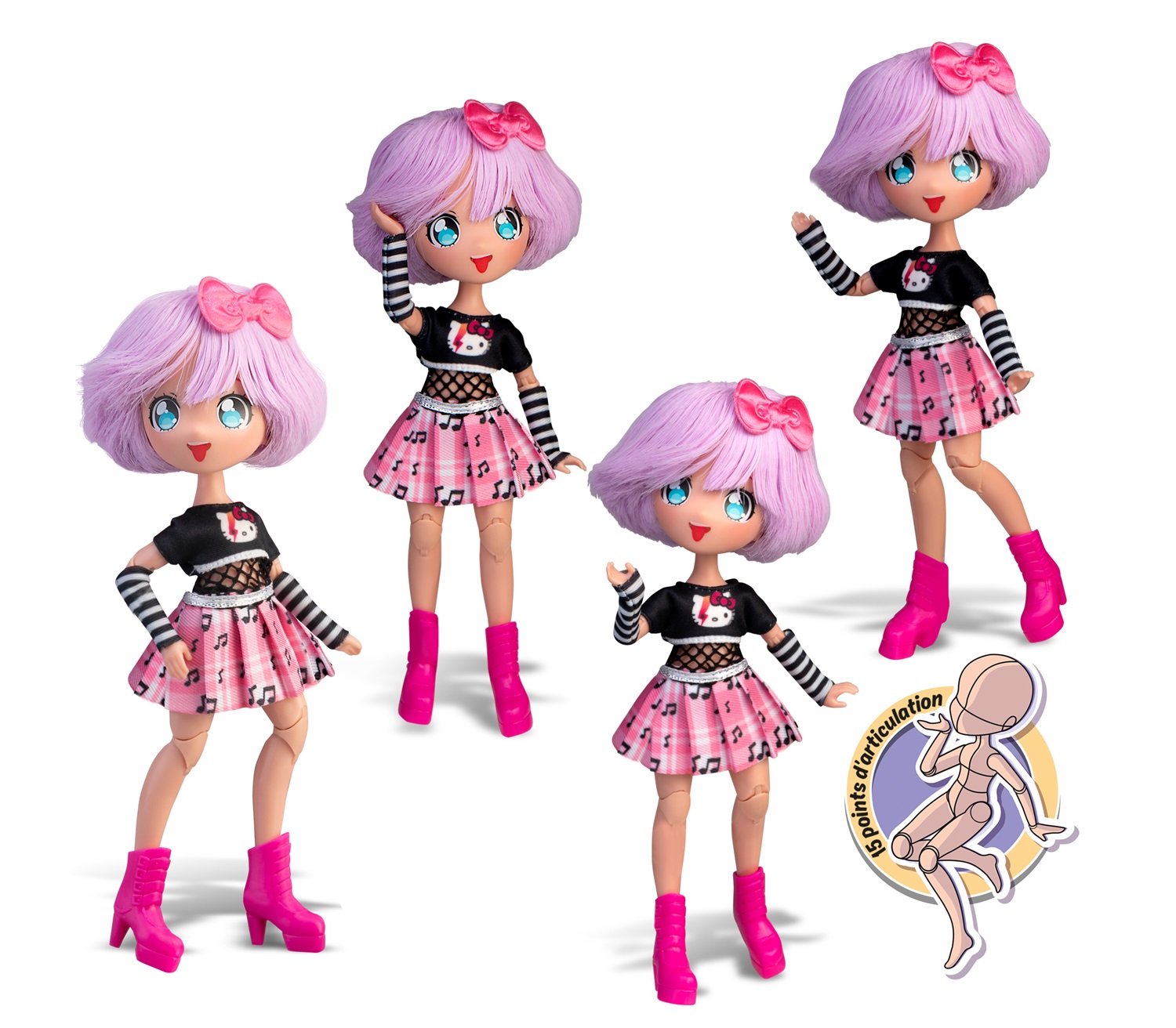 Famosa Hello Kitty Manga Doll Teddy Rock - Bambola Giapponese 19,5 cm con 15 Punti di Articolazione e Capelli Viola