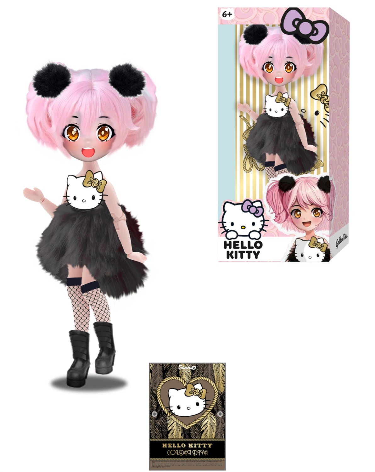 Famosa Hello Kitty Manga Doll Golden Diva - Bambola giapponese alla moda, 19,5 cm, 15 punti di articolazione, capelli rosa, accessori inclusi, età 4