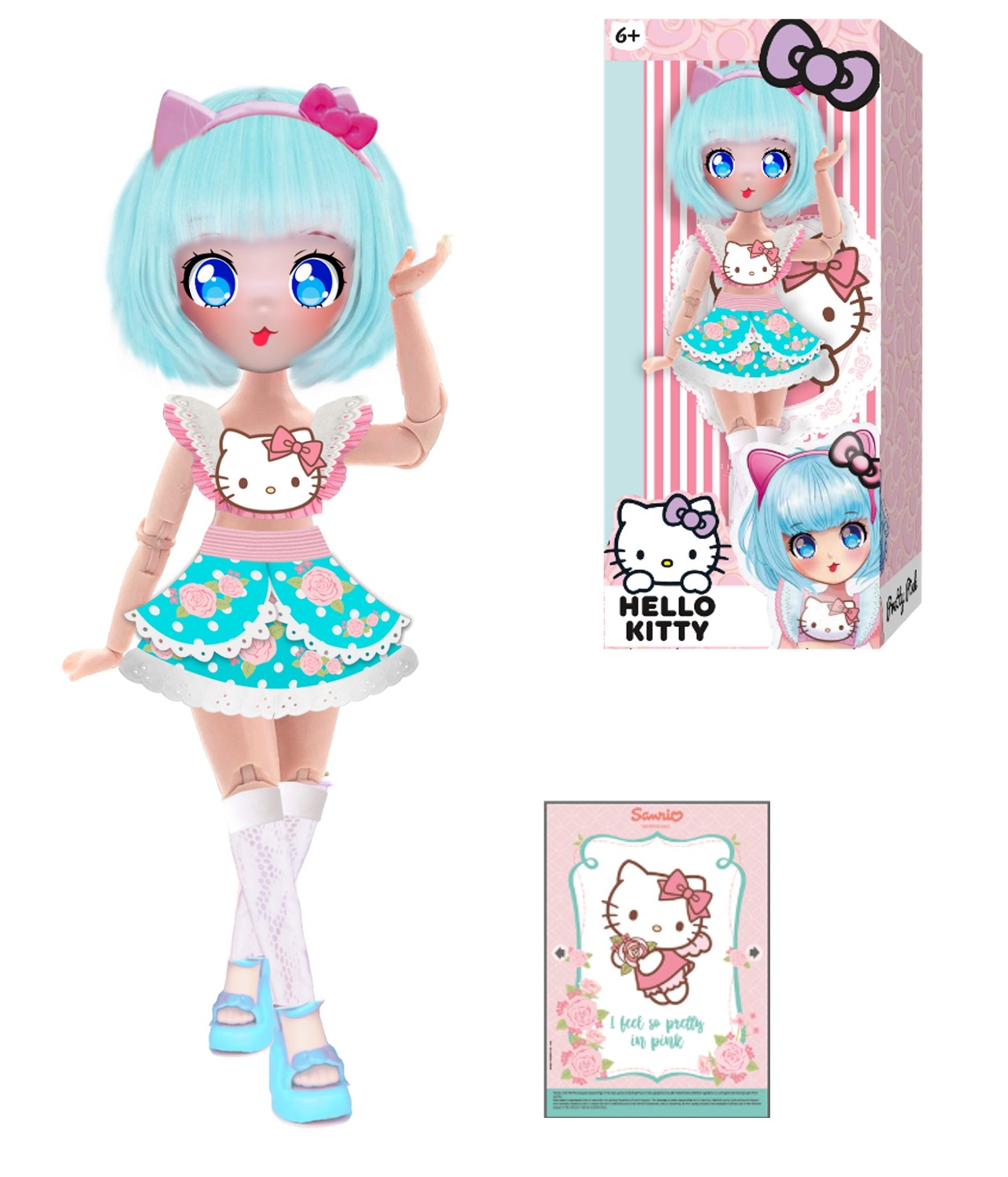 Famosa Hello Kitty Manga Doll Pretty Pink - Bambola Giapponese 19,5 cm con 15 Punti di Articolazione e Capelli Azzurri