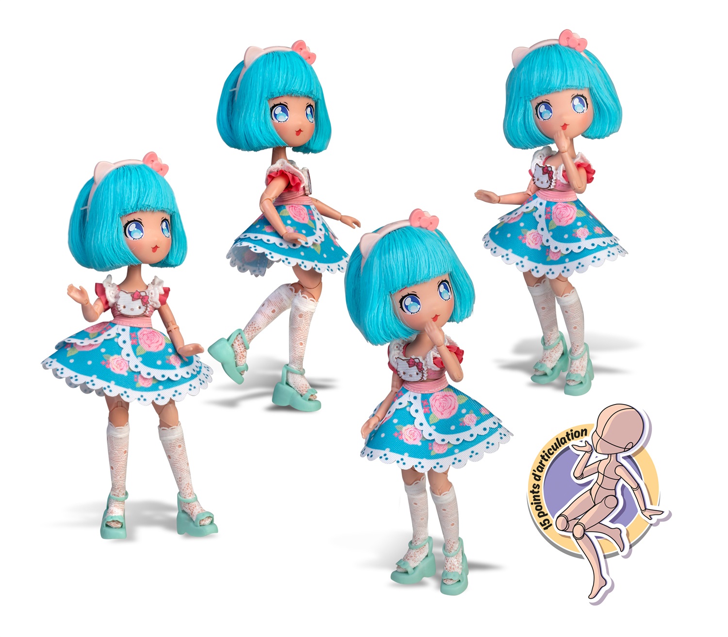 Famosa Hello Kitty Manga Doll Pretty Pink - Bambola Giapponese 19,5 cm con 15 Punti di Articolazione e Capelli Azzurri