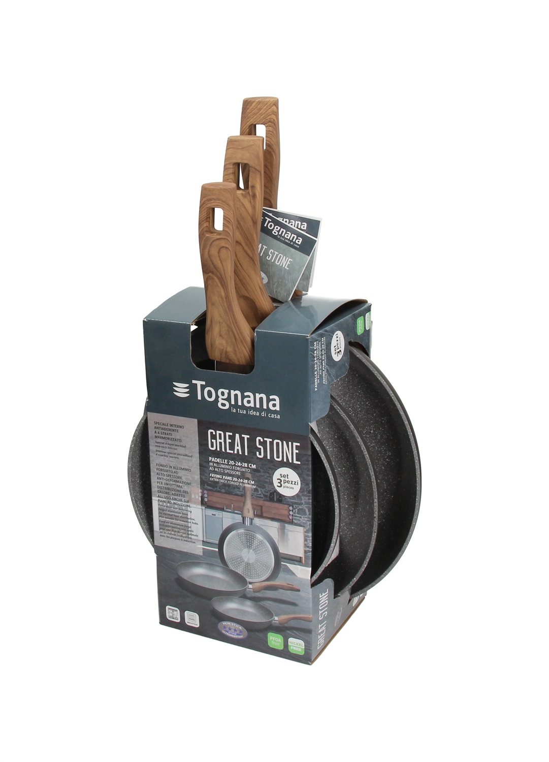 Tognana Great Stone Set 3 Padelle 20/24/28 cm in Alluminio Grigio con Rivestimento Antiaderente