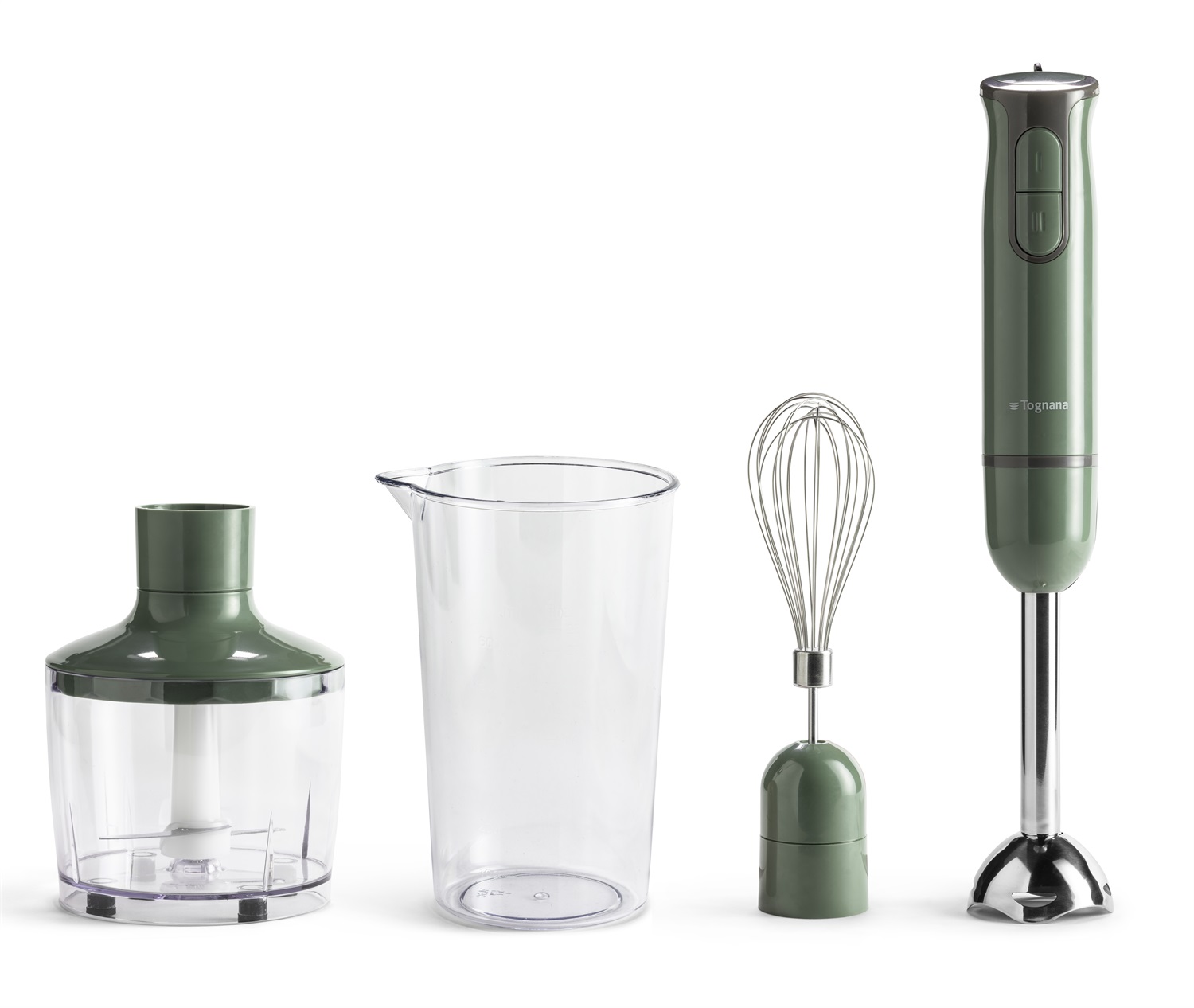 Tognana Iridea Frullatore ad Immersione 3in1 Verde Salvia con Frusta Sbattitore, Bicchiere da 600ml e Tritatutto da 500ml
