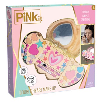 Nice Group PINKIT Double Heart Make Up - Cofanetto di Trucchi a Forma di Cuore con Ombretti, Lucidalabbra, Blush e Applicatori per Bambine
