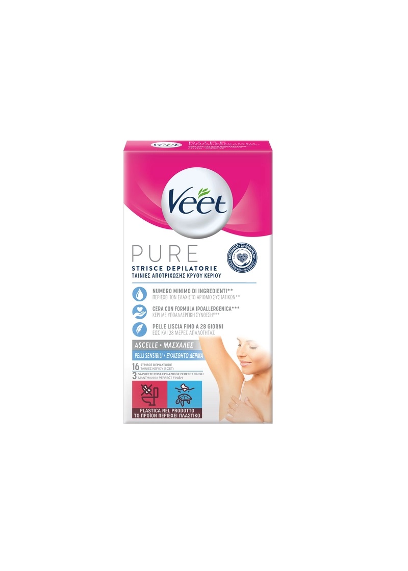 Veet Strisce Depilatorie Ipoallergeniche per Ascelle - 16 Pezzi, Formula Easy-Gel per Peli Corti